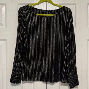 Express Black & Metallic Gold Striped Puff Sleeve Button Cuff Top New w/o Tags